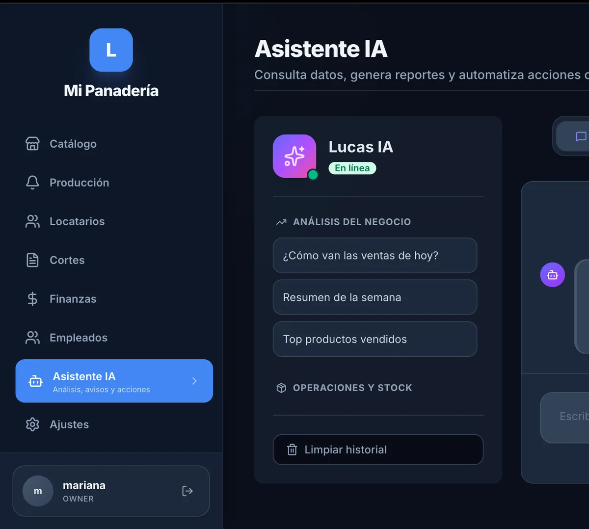 Asistente Lucas IA: panel de chat con sugerencias como ¿cómo van las ventas de hoy?, resumen de la semana y top productos vendidos.
