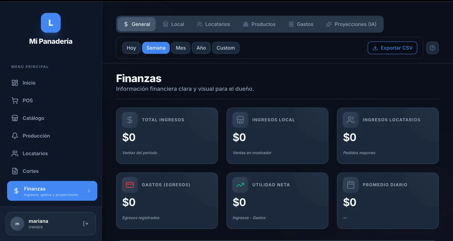 Módulo de Finanzas de Lucas: ingresos de local, locatarios y mayoreo, gastos, utilidad neta y filtros por periodo.