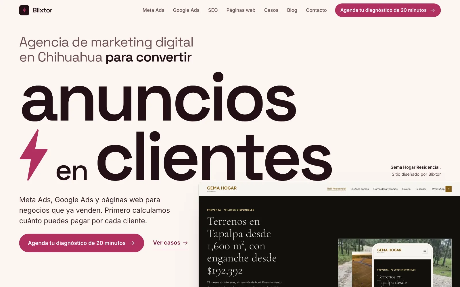Portada de blixtor.mx en escritorio: titular «Agencia de marketing digital en Chihuahua para convertir anuncios en clientes» con un rayo vino, botón para agendar el diagnóstico y la captura del sitio de Gema Hogar Residencial