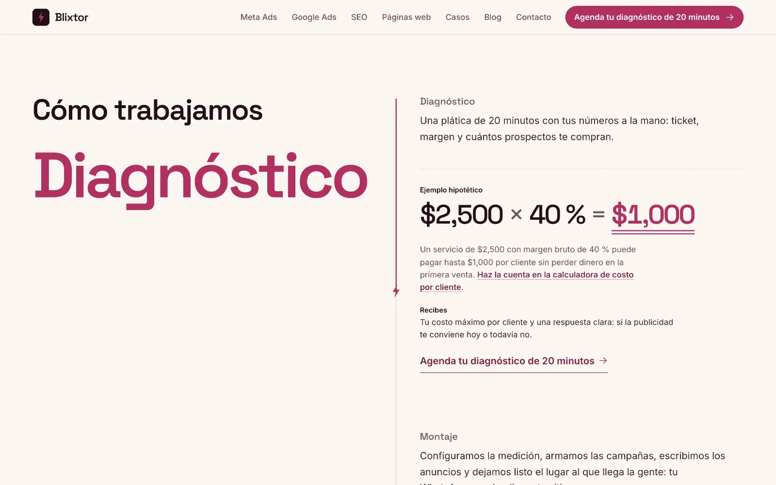 Sección «Cómo trabajamos» con la etapa «Diagnóstico» en tipografía grande y el ejemplo hipotético $2,500 × 40 % = $1,000