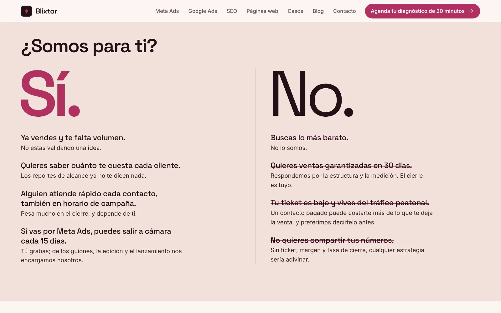 Sección «¿Somos para ti?» en dos columnas, «Sí.» en vino y «No.» en negro, con criterios a favor y en contra; los del «No» van tachados