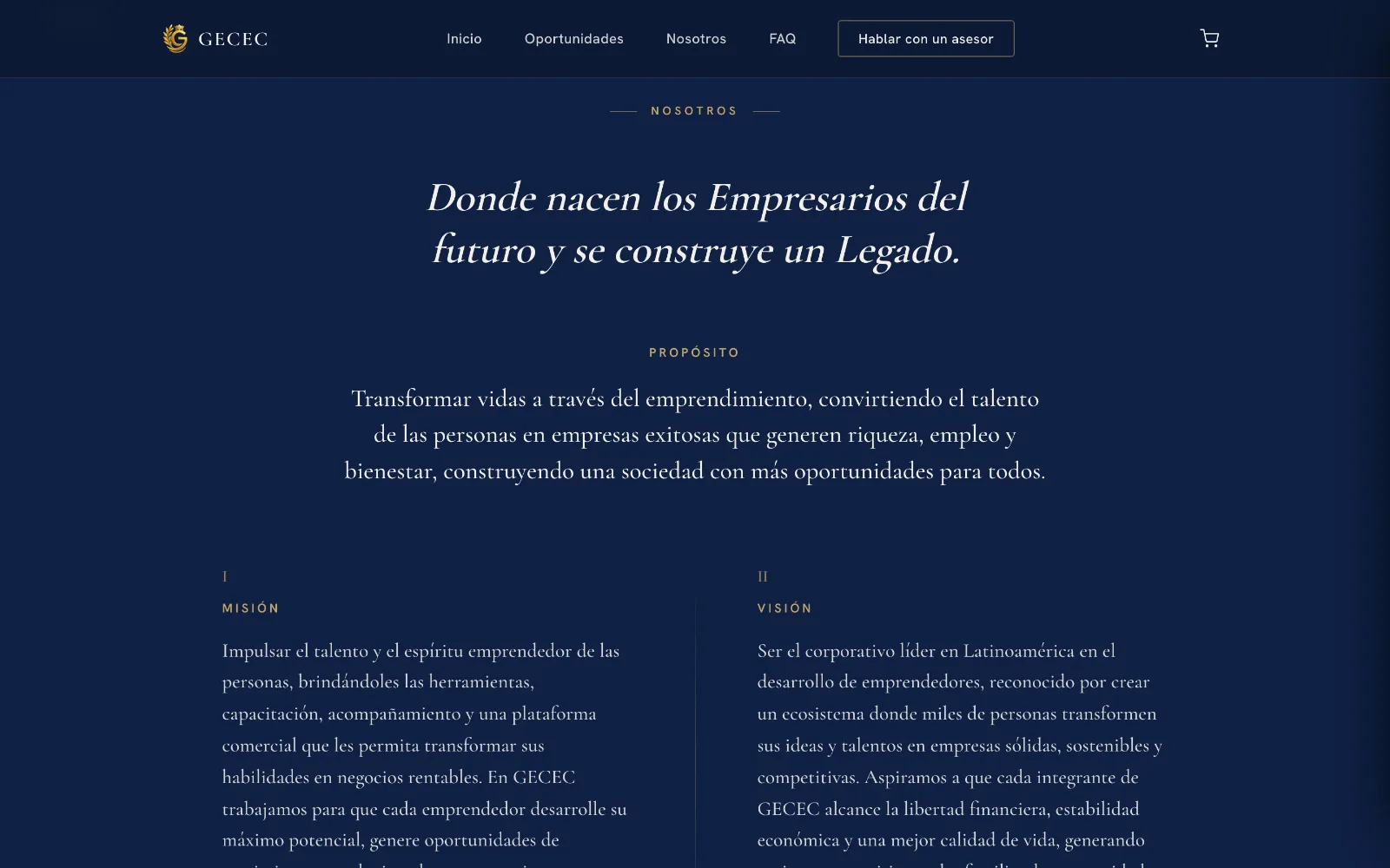 Bloque Nosotros con el lema en cursiva, el propósito centrado y las columnas de misión y visión en tipografía serif sobre azul marino.