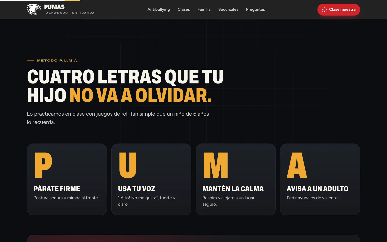 Sección oscura del Método P.U.M.A.: titular «Cuatro letras que tu hijo no va a olvidar» y cuatro tarjetas con las letras P, U, M y A en dorado: Párate firme, Usa tu voz, Mantén la calma y Avisa a un adulto.