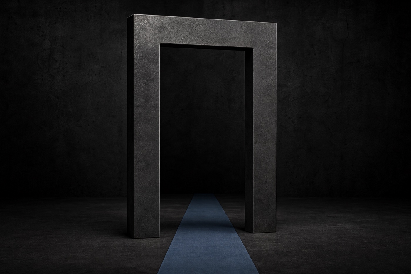 Portal de hierro atravesado por una ruta azul que representa presencia y acceso